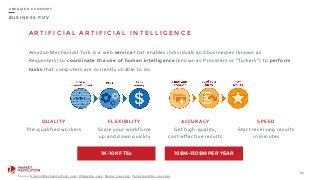 B U S I N E S S P O V
A R T I F I C I A L A R T I F I C I A L I N T E L L I G E N C E
Amazon	
  Mechanical	
  Turk	
  is	
  a	
  web	
  service	
  that	
  enables	
  individuals	
  and	
  businesses	
  (known	
  as	
  
Requesters)	
  to	
  coordinate	
  the	
  use	
  of	
  human	
  intelligence	
  (known	
  as	
  Providers	
  or	
  “Turkers”)	
  to	
  perform	
  
tasks	
  that	
  computers	
  are	
  currently	
  unable	
  to	
  do.
82
U B E R I Z E D E C O N O M Y
QUALITY	
  
Pre-­‐qualified	
  workers
FLEXIBILITY	
  
Scale	
  your	
  workforce	
  
up	
  and	
  down	
  quickly
ACCURACY	
  
Get	
  high-­‐quality,	
  
cost-­‐effective	
  results
SPEED	
  
Start	
  receiving	
  results	
  
in	
  minutes
Source:	
  Amazon	
  Mechanical	
  Turk,	
  2015;	
  Wikipedia,	
  2015;	
  Quora,	
  may	
  2013;	
  Panos	
  Ipeirotis,	
  nov	
  2012.
1K-10K FTEs 10$M-150$M PER YEAR
 