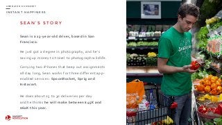 I N S T A N T H A P P I N E S S
U B E R I Z E D E C O N O M Y
S E A N ’ S S T O R Y
Sean	
  is	
  a	
  23-­‐year-­‐old	
  driver,	
  based	
  in	
  San	
  
Francisco.	
  
He	
  just	
  got	
  a	
  degree	
  in	
  photography,	
  and	
  he’s	
  
saving	
  up	
  money	
  to	
  travel	
  to	
  photograph	
  wildlife.	
  
Carrying	
  two	
  iPhones	
  that	
  beep	
  out	
  assignments	
  
all	
  day	
  long,	
  Sean	
  works	
  for	
  three	
  different	
  app-­‐
enabled	
  services:	
  SpoonRocket,	
  Sprig	
  and	
  
Instacart.	
  
He	
  does	
  about	
  25	
  to	
  30	
  deliveries	
  per	
  day	
  
and	
  he	
  thinks	
  he	
  will	
  make	
  between	
  $45K	
  and	
  
$60K	
  this	
  year.
9
 
