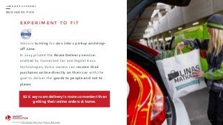 B U S I N E S S P O V
U B E R I Z E D E C O N O M Y
E X P E R I M E N T T O F I T
Volvo	
  is	
  turning	
  his	
  cars	
  into	
  a	
  pickup	
  and	
  drop-­‐
off	
  zone.	
  
In	
  2014	
  piloted	
  the	
  Roam	
  Delivery	
  service:	
  
enabled	
  by	
  Connected	
  Car	
  and	
  Digital	
  Keys	
  
technologies,	
  Volvo	
  owners	
  can	
  receive	
  their	
  
purchases	
  online	
  directly	
  on	
  their	
  car	
  with	
  the	
  
goal	
  to	
  deliver	
  the	
  goods	
  to	
  people	
  and	
  not	
  to	
  
places.	
  
98
Source:	
  The	
  Verge,	
  feb	
  2014;	
  Volvo,	
  Feb	
  2014.
92 % say roam delivery is more convenient than
getting their online orders at home.
 