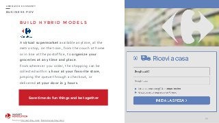 B U S I N E S S P O V
U B E R I Z E D E C O N O M Y
B U I L D H Y B R I D M O D E L S
A	
  virtual	
  supermarket	
  available	
  anytime,	
  at	
  the	
  
metro	
  stop,	
  on	
  the	
  train,	
  from	
  the	
  couch	
  at	
  home	
  
or	
  in	
  line	
  at	
  the	
  postoffice,	
  to	
  organize	
  your	
  
groceries	
  at	
  any	
  time	
  and	
  place.	
  
From	
  wherever	
  you	
  order,	
  the	
  shopping	
  can	
  be	
  
collected	
  within	
  1	
  hour	
  at	
  your	
  favorite	
  store,	
  
jumping	
  the	
  queue	
  through	
  a	
  checkout,	
  or	
  
delivered	
  at	
  your	
  door	
  in	
  3	
  hours.
99
Save time do fun things and be together
Source:	
  Cliccaeritira,	
  2015;	
  Economyup,	
  may	
  2015.
 