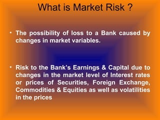 What is Market Risk ?
• The possibility of loss to a Bank caused by
changes in market variables.
• Risk to the Bank’s Earnings & Capital due to
changes in the market level of Interest rates
or prices of Securities, Foreign Exchange,
Commodities & Equities as well as volatilities
in the prices
 