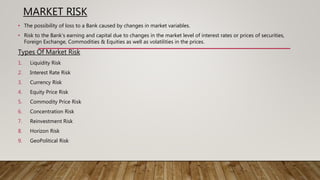 MARKET RISK
• The possibility of loss to a Bank caused by changes in market variables.
• Risk to the Bank’s earning and capital due to changes in the market level of interest rates or prices of securities,
Foreign Exchange, Commodities & Equities as well as volatilities in the prices.
Types Of Market Risk
1. Liquidity Risk
2. Interest Rate Risk
3. Currency Risk
4. Equity Price Risk
5. Commodity Price Risk
6. Concentration Risk
7. Reinvestment Risk
8. Horizon Risk
9. GeoPolitical Risk
 