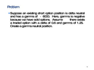 Problem Suppose an existing short option position is delta neutral and has a gamma of  － 6000.  Here, gamma is negative because we have sold options.  Assume  there exists a traded option with a delta of 0.6 and gamma of 1.25.  Create a gamma neutral position. 