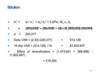 Solution σ 2  = w 1 2   σ 1 2  + w 2 2  σ 2 2  + 2  ῤ Pw 1  W 2   σ 1   σ 2     = (200,000) 2  + (50,000) 2  + (2) (.3) (200,000) (50,000) σ   = 220,277 Daily VAR = (2.33) (220,277)  =  513,129 10 day VAR = (513,129) √10 = $1,622,657 Effect of diversification = (1,473,621 + 368,406) – (1,622,657) = 219,369 