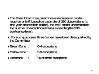 The Basel Committee prescribes an increase in capital requirements if, based on a sample of 250 observations (a one-year observation period), the VAR model underpredicts the number of exceptions (losses exceeding the 99% confidence level). For such purposes, three 'zones' have been distinguished by the Committee.  Green Zone  :  0-4 exceptions Yellow zone :  5-9 exceptions Red zone   :  10 or more exceptions 
