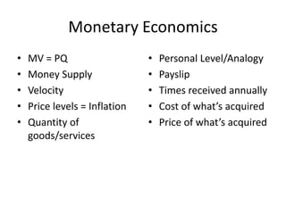 Monetary Economics
•   MV = PQ                    •   Personal Level/Analogy
•   Money Supply               •   Payslip
•   Velocity                   •   Times received annually
•   Price levels = Inflation   •   Cost of what’s acquired
•   Quantity of                •   Price of what’s acquired
    goods/services
 