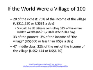 If the World Were a Village of 100
 – 20 of the richest: 75% of the income of the village
   (US$11,250 or US$31 a day)
    • 5 would be US citizens controlling 32% of the entire
      world’s wealth (US$19,200 or US$52.50 a day)
 – 33 of the poorest: 3% of the income of “the
   village” (US$600 or less than US$2 a day)
 – 47 middle class: 22% of the rest of the income of
   the village (US$2,444 or US$6.70)


                   http://www.familycare.org/news/if_the_world.htm
          http://www.hewett.norfolk.sch.uk/curric/NEWGEOG/global/global.htm
 