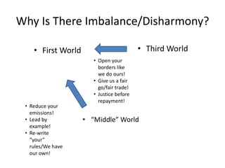 Why Is There Imbalance/Disharmony?

    • First World                         • Third World
                       • Open your
                         borders like
                         we do ours!
                       • Give us a fair
                         go/fair trade!
                       • Justice before
                         repayment!
 • Reduce your
   emissions!
 • Lead by          • “Middle” World
   example!
 • Re-write
   “your”
   rules/We have
   our own!
 