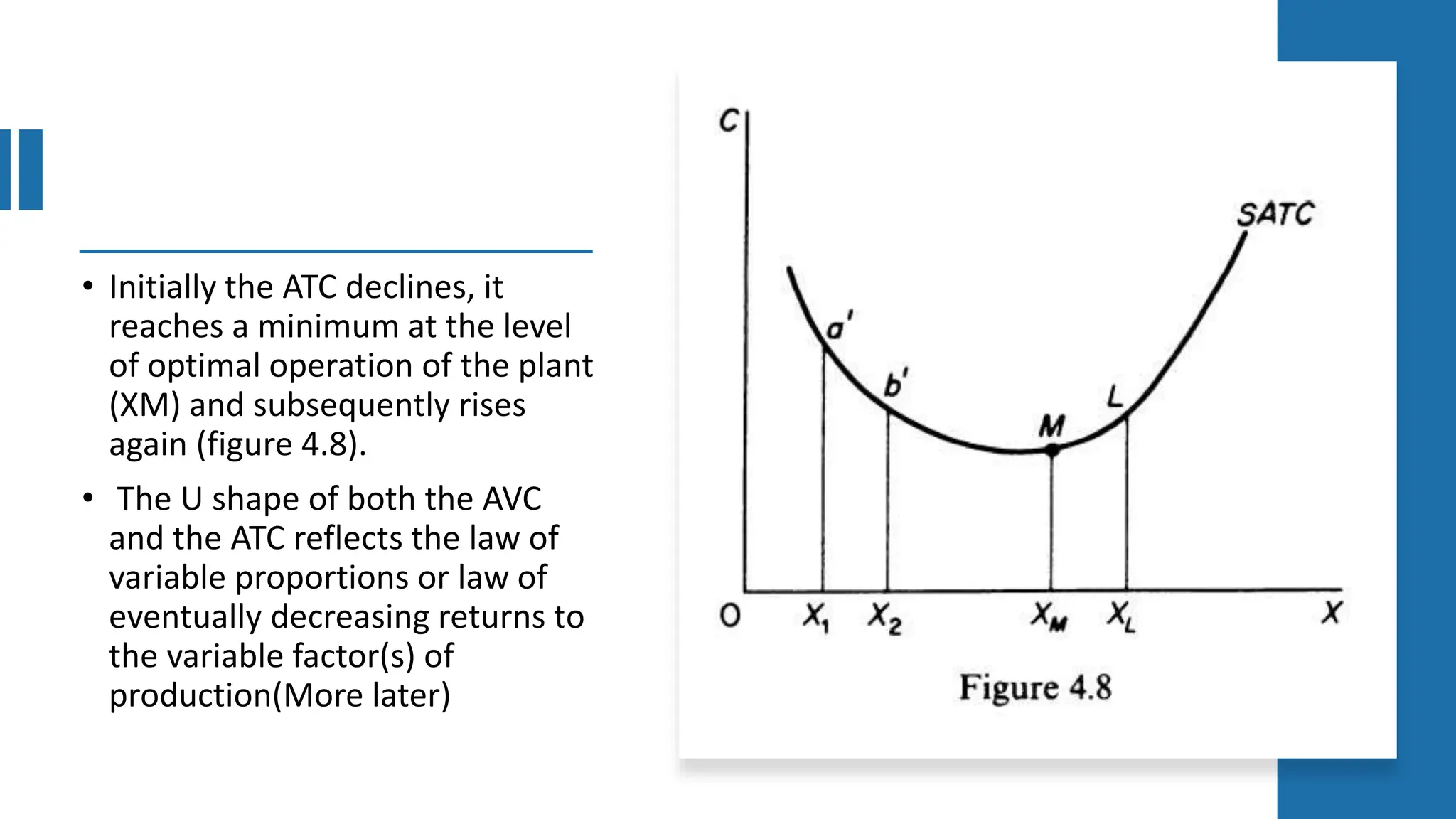 • Initially the ATC declines, it
reaches a minimum at the level
of optimal operation of the plant
(XM) and subsequently rises
again (figure 4.8).
• The U shape of both the AVC
and the ATC reflects the law of
variable proportions or law of
eventually decreasing returns to
the variable factor(s) of
production(More later)
 