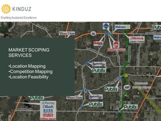 Enabling Sustained Excellence




      MARKET SCOPING
      SERVICES

      •Location Mapping
      •Competition Mapping
      •Location Feasibility




                                Retail Industry Services | KINDUZ Consulting | http://www.kinduz.com/
 