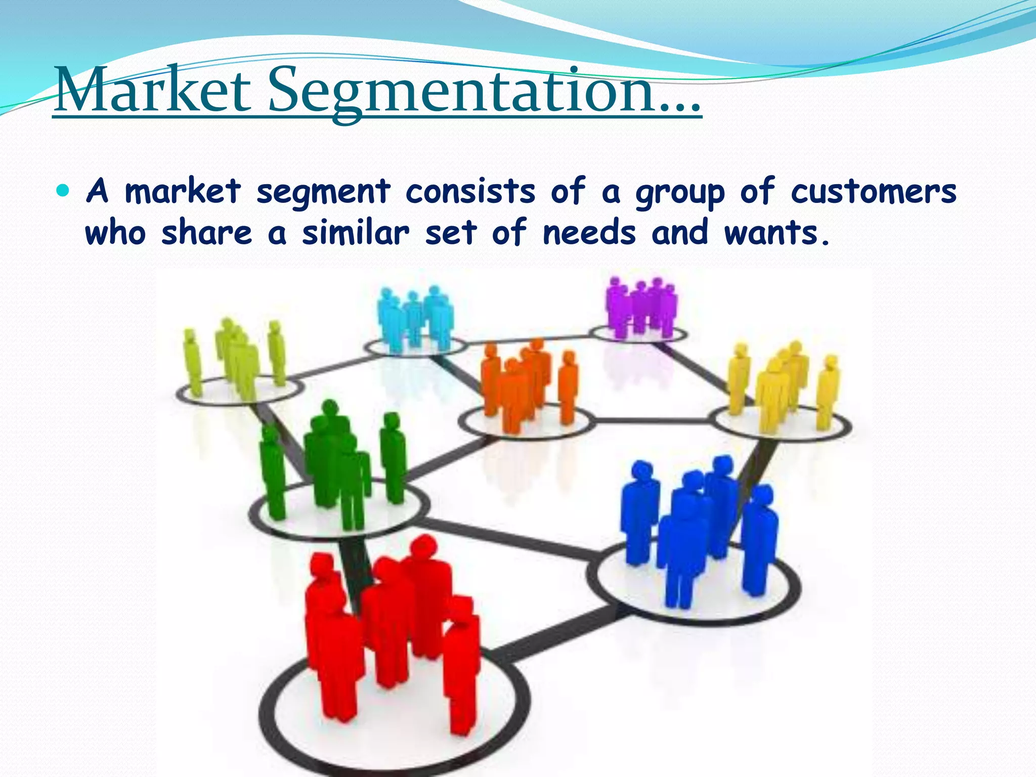 Market Segmentation…A market segment consists of a group of customers who share a similar set of needs and wants.