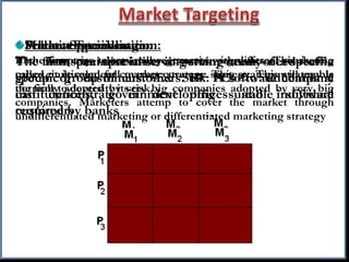 Selective Specialisation:
The company selects many attractive segments. This is also
called multisegment coverage strategy. This strategy will enable
the firm to deversity its risk.
Product Specialisation:
The firm specialise in serving many needs of a specific
group of customers. Ex Sell PCs to educational
institutetions, government offices and individual
customers
Market Specialisation:
The firm can specialise in serving many needs of a
specific group of customers. Ex: A software company
can concentrate in developing suitable software
required by banks
Full market coverage:
If the firm tries to serve all segements with different marketing
mixes, it is caled full market coverage strategy. This strategy is
normally adopted by very big companies adopted by very big
companies. Marketers attemp to cover the market through
undifferentiated marketing or differentiated marketing strategy
 