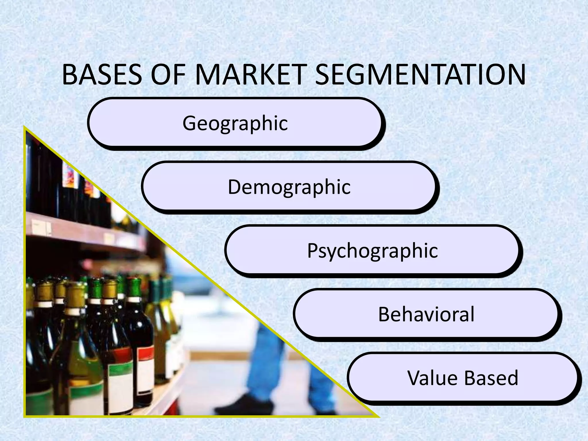 BASES OF MARKET SEGMENTATION
Geographic
Demographic
Psychographic
Behavioral
Value Based
 