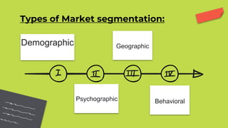Types of Market segmentation:
Psychographic
Demographic
Behavioral
Geographic
 