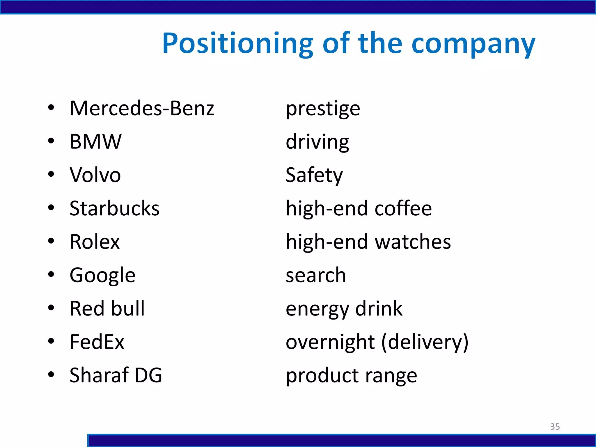 • Mercedes-Benz prestige
• BMW driving
• Volvo Safety
• Starbucks high-end coffee
• Rolex high-end watches
• Google search
• Red bull energy drink
• FedEx overnight (delivery)
• Sharaf DG product range
35
 