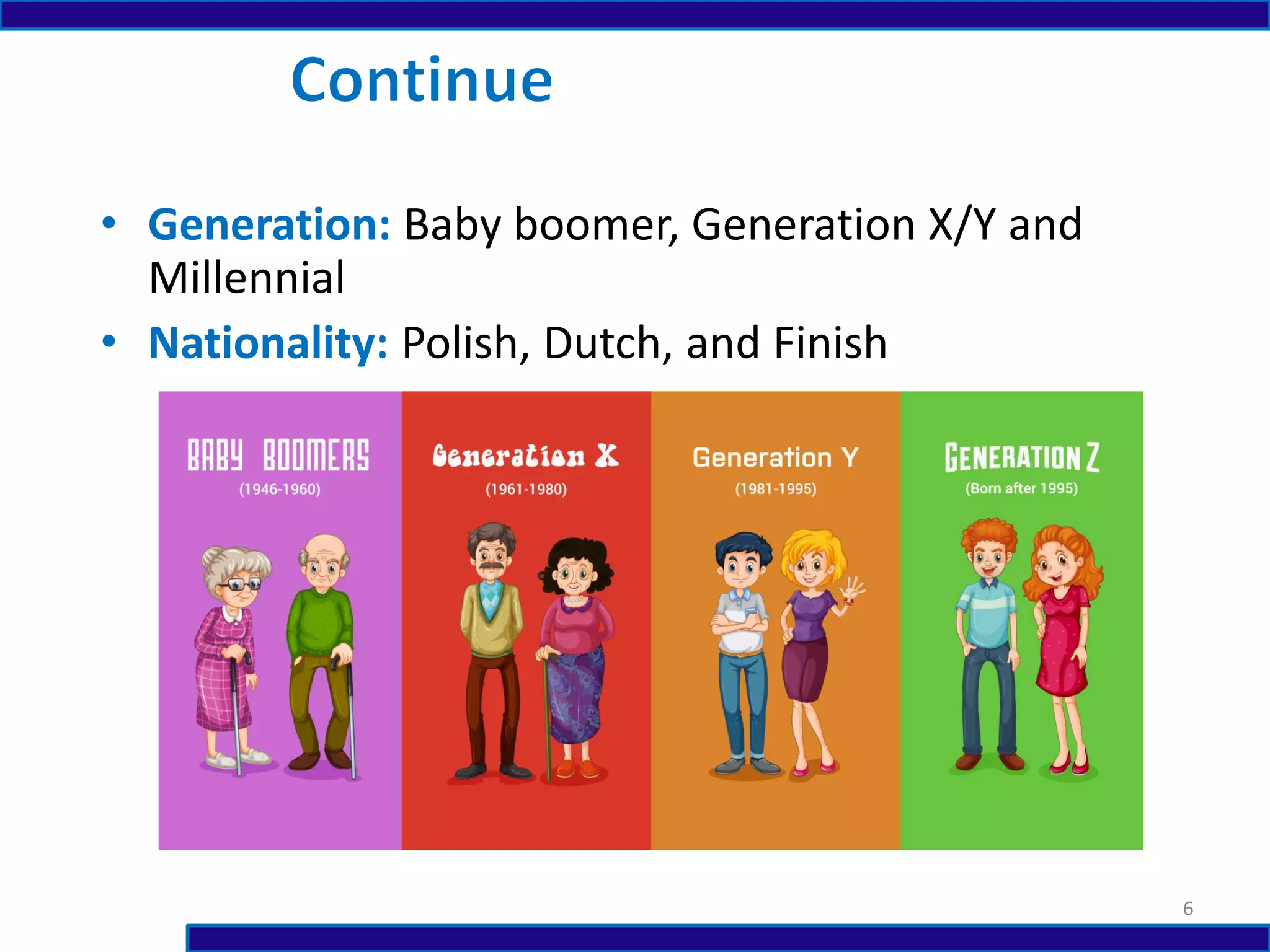 • Generation: Baby boomer, Generation X/Y and
Millennial
• Nationality: Polish, Dutch, and Finish
6
 