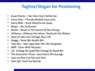 • Asian Paints – Har Ghar Kuch Kehta Hai
• Coca-Cola – Thanda Matlab Coca-cola
• Dairy Milk – Kuch Meetha Ho Jaaye
• Bingo – No Confusion
• Boost – Boost Is The Secret Of My Energy
• Lifebouy- Lifebouy Hai Jahan, Tandrusti Hai Wahan
• Idea-an Idea Can Change Your Life
• Maggi –Taste Bhi Health Bhi
• Tata Sky – Isko Laga Dala Toh Life Jhingalala
• MRF- Tyres With Muscles
• LIC- Zindagi Ke Saath Bhi Zindagi Ke Baad Bhi
• The Economic Times- Journalism Of Courage
• Lays-no One Can Eat Just One
• Tata Salt- Desh Ka Namak
37
 