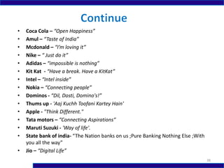 • Coca Cola – “Open Happiness”
• Amul – “Taste of India”
• Mcdonald – “I’m loving it”
• Nike – “ Just do it”
• Adidas – “impossible is nothing”
• Kit Kat - “Have a break. Have a KitKat”
• Intel – “Intel inside”
• Nokia – “Connecting people”
• Dominos - “Dil, Dosti, Domino's!”
• Thums up - 'Aaj Kuchh Toofani Kartey Hain'
• Apple - "Think Different."
• Tata motors – “Connecting Aspirations”
• Maruti Suzuki - 'Way of life'.
• State bank of india- “The Nation banks on us ;Pure Banking Nothing Else ;With
you all the way”
• Jio – “Digital Life”
38
 