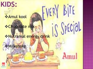 Amul kool
Chocolate mix
Nutramal energy drink
Milkshake
 