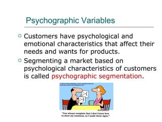 Psychographic Variables Customers have psychological and emotional characteristics that affect their needs and wants for products. Segmenting a market based on psychological characteristics of customers is called  psychographic segmentation . 
