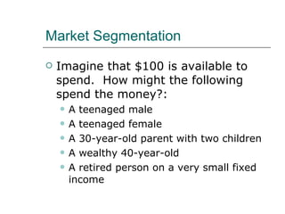 Market Segmentation Imagine that $100 is available to spend.  How might the following spend the money?: A teenaged male A teenaged female A 30-year-old parent with two children A wealthy 40-year-old A retired person on a very small fixed income 