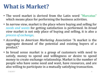 What is Market?
• The word market is derived from the Latin word "Marcatus"
which means place for performing the business ...