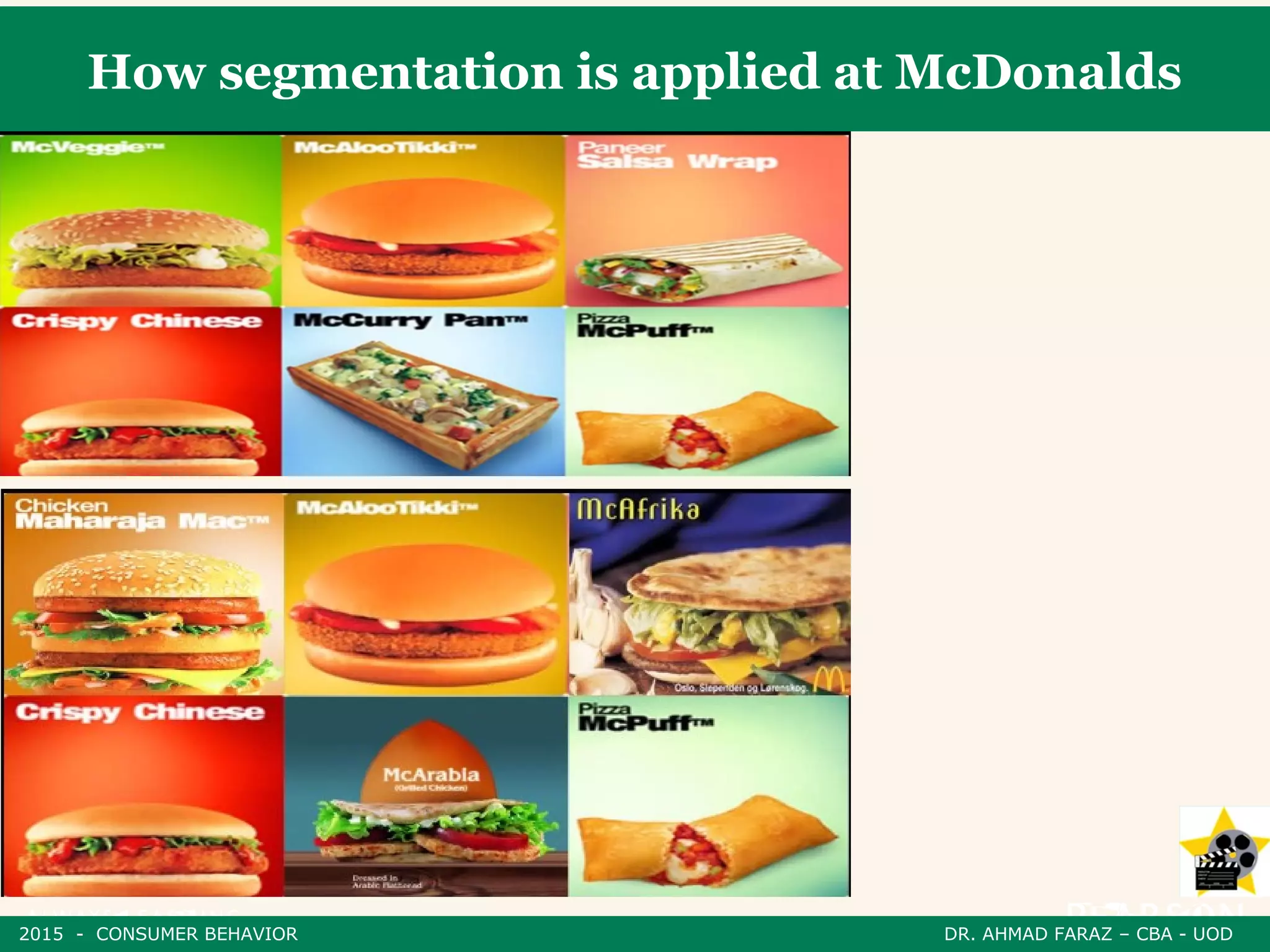 How segmentation is applied at McDonalds
2015 - CONSUMER BEHAVIOR DR. AHMAD FARAZ – CBA - UOD
 