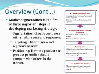 Overview (Cont…)
 Market segmentation is the first
 of three important steps in
 developing marketing strategy:
   Segmentation: Groups customers
    with similar needs and responses.
   Targeting: Determines which
    segments to serve.
   Positioning: How the product (or
    product portfolio) should
    compete with others in the
    market.
 