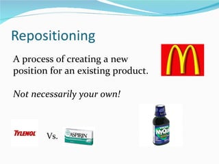 A process of creating a new
position for an existing product.

Not necessarily your own!



        Vs.
 