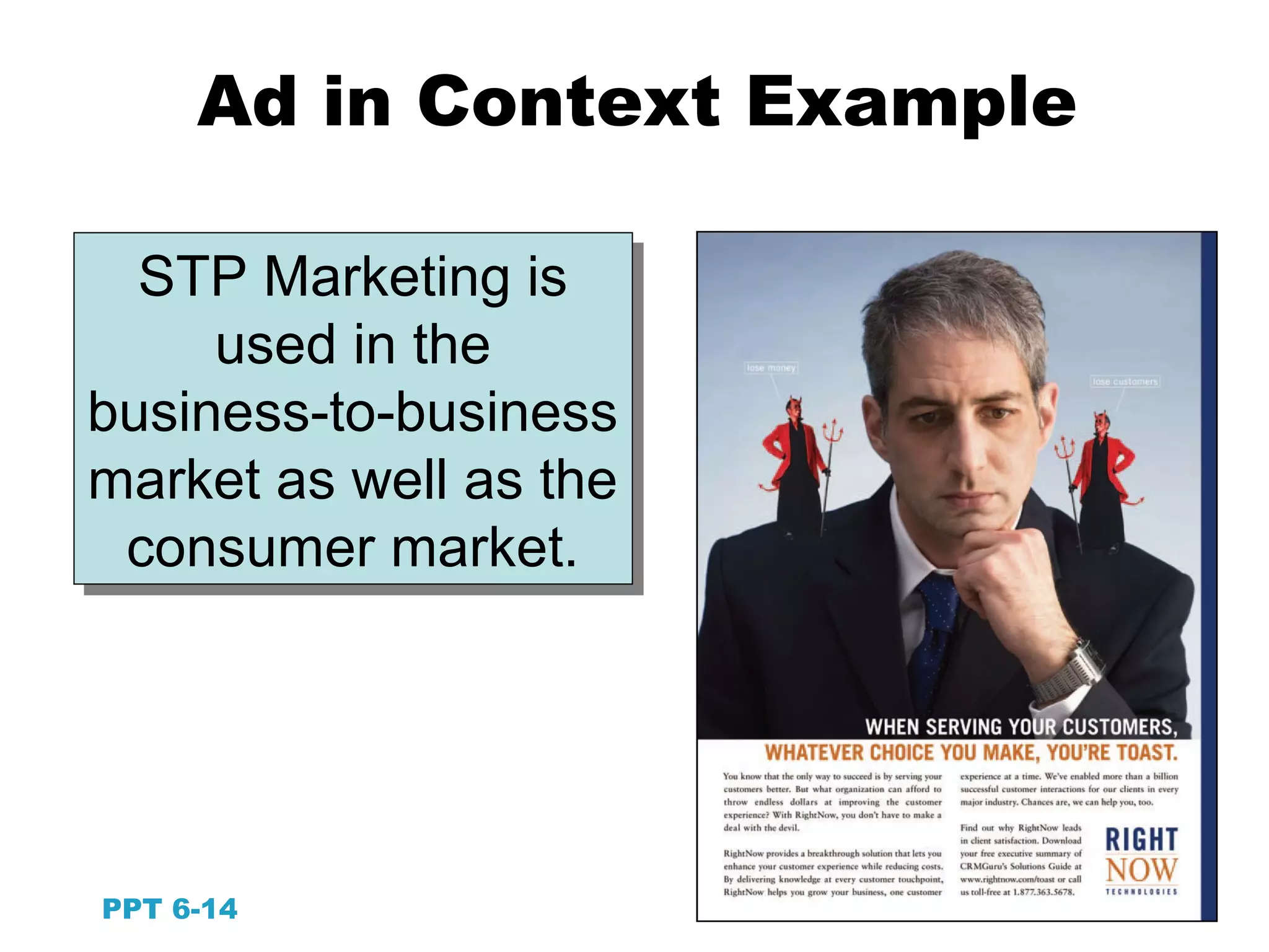 14
STP Marketing is
used in the
business-to-business
market as well as the
consumer market.
STP Marketing is
used in the
business-to-business
market as well as the
consumer market.
PPT 6-14
Ad in Context Example
 