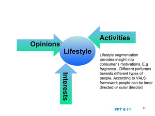 11
Psychographics and
Lifestyle Segmentation
Activities
Interests
Opinions
Lifestyle Lifestyle segmentation
provides insight into
consumer’s motivations. E.g
fragrance . Different perfumes
towards different types of
people. According to VALS
framework people can be inner
directed or outer directed
PPT 6-11
 