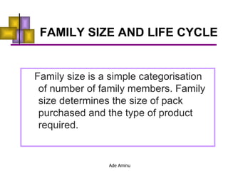 FAMILY SIZE AND LIFE CYCLE Family size is a simple categorisation of number of family members. Family size determines the size of pack purchased and the type of product required. 