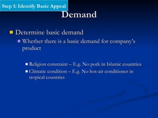 Demand Determine basic demand Whether there is a basic demand for company’s product Religion constraint – E.g. No pork in Islamic countries Climatic condition – E.g. No hot-air conditioner in tropical countries Step 1: Identify Basic Appeal 