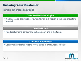 Knowing Your Customer
Intimate, actionable knowledge

                           Consumer Behavior Insights
   A glance inside the minds of your customer, at a fraction of the cost of custom
    research


                                   Trends till 2016
   Trends influencing consumer purchases now and in the future



                              Consumer Preferences
   Consumer preference reports reveal tastes in drinks, food, colours




Page  10
 