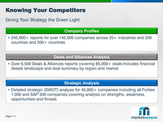 Knowing Your Competitors
Giving Your Strategy the Green Light

                                Company Profiles
   245,000+ reports for over 145,000 companies across 25+ industries and 200
    countries and 200+ countries


                           Deals and Alliances Analysis
   Over 6,500 Deals & Alliances reports covering 85,000+ deals Includes financial
    deeals landscape and deal summary by region and market


                                Strategic Analysis
   Detailed strategic (SWOT) analysis for 45,000+ companies including all Forbes
    1,000 and S&P 500 companies covering analysis on strengths, weakness,
    opportunities and threats



Page  11
 