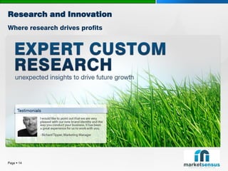 Research and Innovation
Where research drives profits




   The text that you insert      If you don’t want to use      The text that you insert
    will retain the same style     the style and size of the      will retain the same style
    and format as the              fonts as used in this          and format as the
    placeholder text.              placeholder it is possible     placeholder text.
                                   to replace it by selecting
                                   different options.




Page  14
 