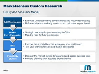 Marketsensus Custom Research
Luxury and consumer Market


                      Eliminate underperforming advertisments and reduce redundancy
Ad Effectiveness
                      Define what words and why, covert more customers to your brand



      Market      Strategic roadmap for your company in China
 Entry/Expansion  Map the road for future expansion



                      Improve the probability of the success of your next launch
            NPD
                      Test your brand extension and market acceptance



       Feasibility    Discover the market, define it measure it and assess success rates
        Studies       Forward planning with accurate expert analysis




Page  20
 