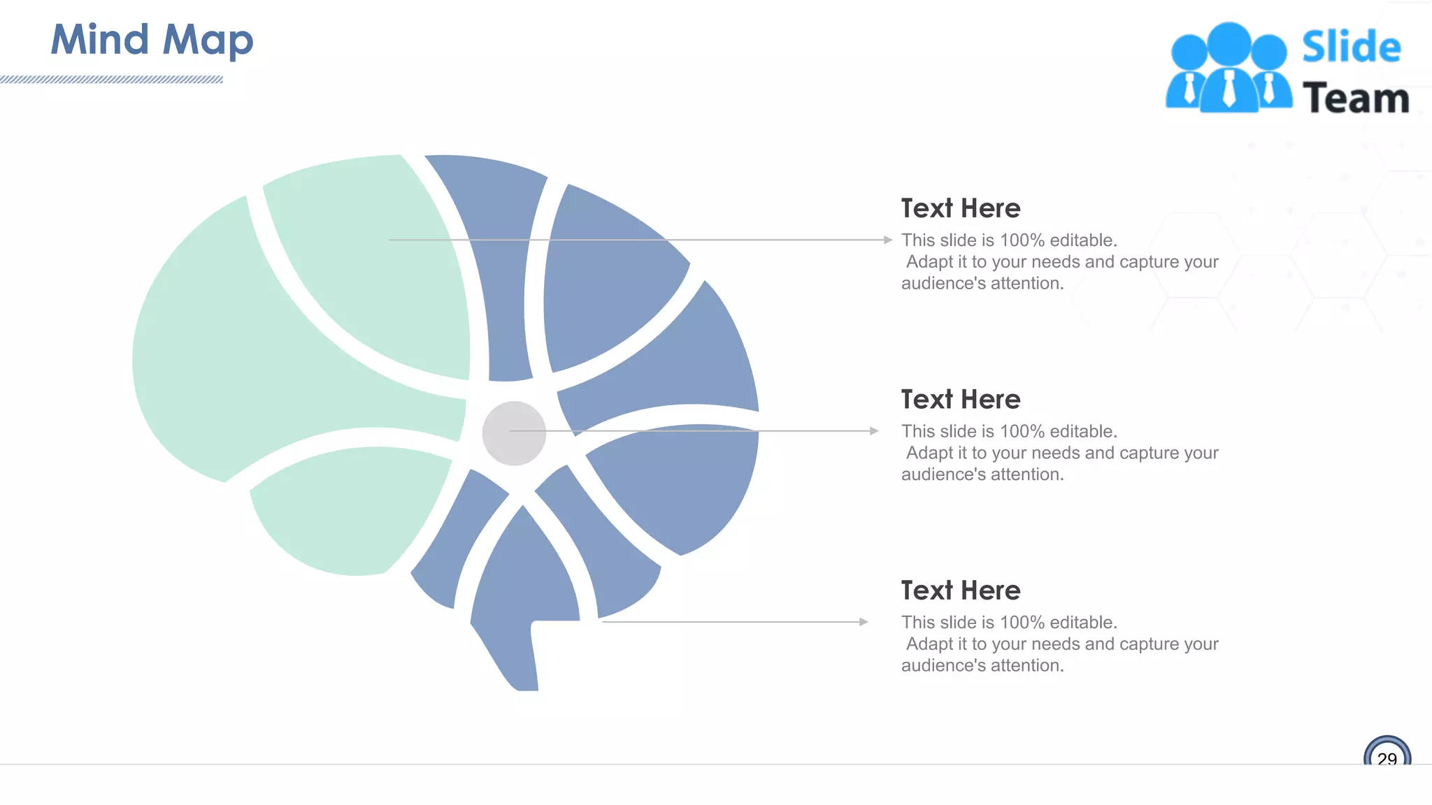Mind Map
29
Text Here
This slide is 100% editable.
Adapt it to your needs and capture your
audience's attention.
Text Here
This slide is 100% editable.
Adapt it to your needs and capture your
audience's attention.
Text Here
This slide is 100% editable.
Adapt it to your needs and capture your
audience's attention.
 