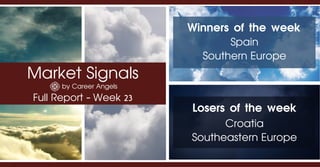 Market Signals
by Career Angels
Full Report - Week 23
Winners of the week
Croatia
Southeastern Europe
Losers of the week
Spain
Southern Europe
 