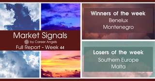Market Signals
by Career Angels
Full Report - Week 44
Winners of the week
Southern Europe
Malta
Losers of the week
Benelux
Montenegro
 