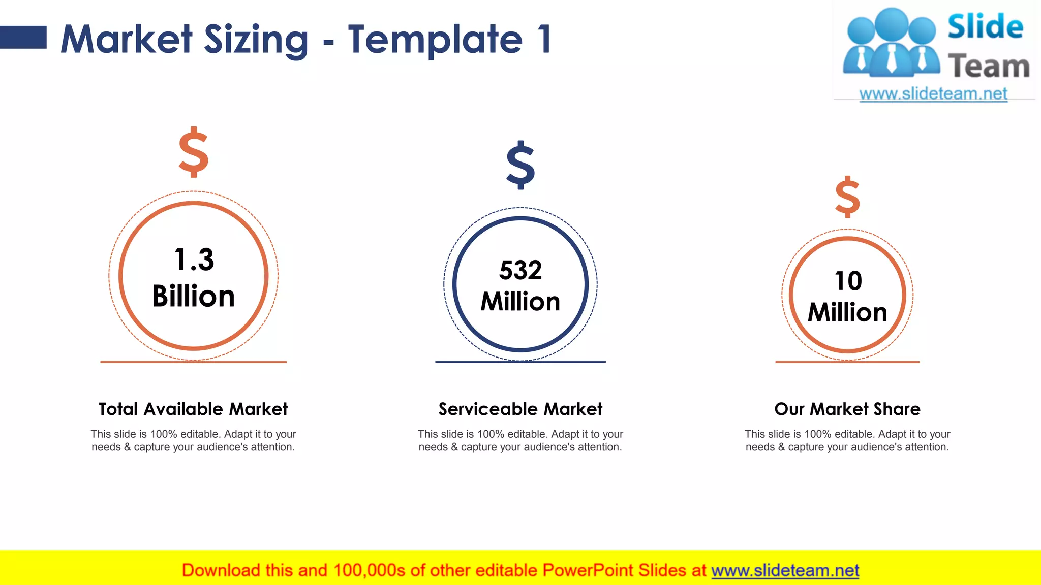 Market Sizing - Template 1
1.3
Billion
Total Available Market
This slide is 100% editable. Adapt it to your
needs & capture your audience's attention.
532
Million
Serviceable Market
This slide is 100% editable. Adapt it to your
needs & capture your audience's attention.
10
Million
Our Market Share
This slide is 100% editable. Adapt it to your
needs & capture your audience's attention.
13
 