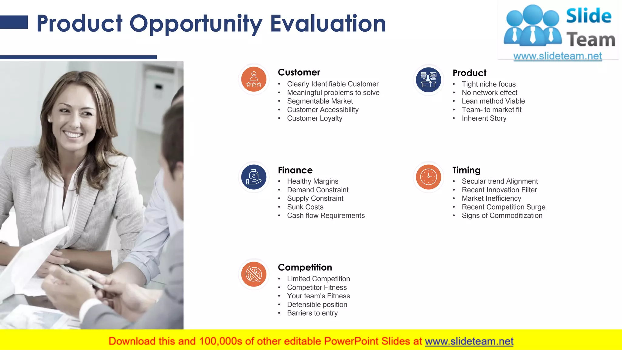 Product Opportunity Evaluation
Product
• Tight niche focus
• No network effect
• Lean method Viable
• Team- to market fit
• Inherent Story
Customer
• Clearly Identifiable Customer
• Meaningful problems to solve
• Segmentable Market
• Customer Accessibility
• Customer Loyalty
Timing
• Secular trend Alignment
• Recent Innovation Filter
• Market Inefficiency
• Recent Competition Surge
• Signs of Commoditization
Finance
• Healthy Margins
• Demand Constraint
• Supply Constraint
• Sunk Costs
• Cash flow Requirements
Competition
• Limited Competition
• Competitor Fitness
• Your team’s Fitness
• Defensible position
• Barriers to entry
17
 