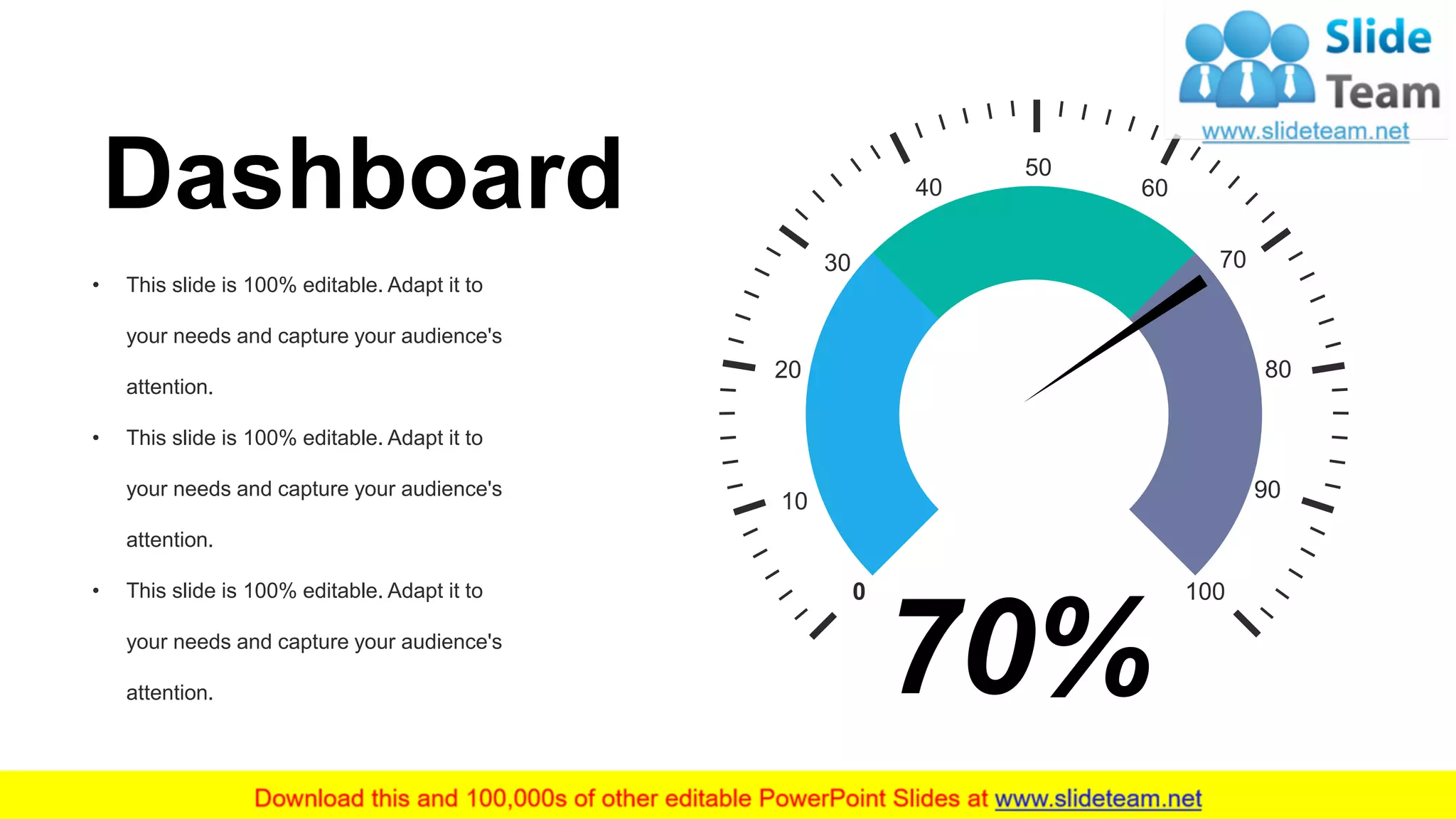 35
Dashboard
• This slide is 100% editable. Adapt it to
your needs and capture your audience's
attention.
• This slide is 100% editable. Adapt it to
your needs and capture your audience's
attention.
• This slide is 100% editable. Adapt it to
your needs and capture your audience's
attention.
0 100
20
10
30
40
80
90
70
60
50
70%
 