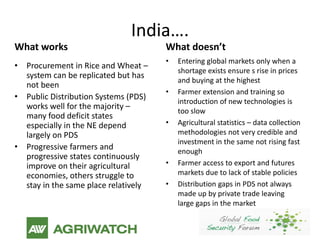 India….
What works                            What doesn’t
                                      •   Entering global markets only when a
• Procurement in Rice and Wheat –
                                          shortage exists ensure s rise in prices
  system can be replicated but has
                                          and buying at the highest
  not been
                                      •   Farmer extension and training so
• Public Distribution Systems (PDS)
                                          introduction of new technologies is
  works well for the majority –
                                          too slow
  many food deficit states
  especially in the NE depend         •   Agricultural statistics – data collection
  largely on PDS                          methodologies not very credible and
                                          investment in the same not rising fast
• Progressive farmers and                 enough
  progressive states continuously
  improve on their agricultural       •   Farmer access to export and futures
  economies, others struggle to           markets due to lack of stable policies
  stay in the same place relatively   •   Distribution gaps in PDS not always
                                          made up by private trade leaving
                                          large gaps in the market
 