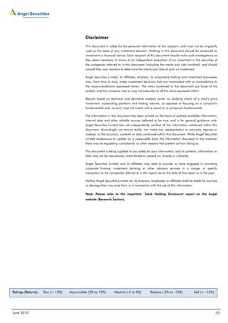 Disclaimer
                                            This document is solely for the personal information of the recipient, and must not be singularly
                                            used as the basis of any investment decision. Nothing in this document should be construed as
                                            investment or financial advice. Each recipient of this document should make such investigations as
                                            they deem necessary to arrive at an independent evaluation of an investment in the securities of
                                            the companies referred to in this document (including the merits and risks involved), and should
                                            consult their own advisors to determine the merits and risks of such an investment.

                                            Angel Securities Limited, its affiliates, directors, its proprietary trading and investment businesses
                                            may, from time to time, make investment decisions that are inconsistent with or contradictory to
                                            the recommendations expressed herein. The views contained in this document are those of the
                                            analyst, and the company may or may not subscribe to all the views expressed within.

                                            Reports based on technical and derivative analysis center on studying charts of a stock's price
                                            movement, outstanding positions and trading volume, as opposed to focusing on a company's
                                            fundamentals and, as such, may not match with a report on a company's fundamentals.

                                            The information in this document has been printed on the basis of publicly available information,
                                            internal data and other reliable sources believed to be true, and is for general guidance only.
                                            Angel Securities Limited has not independently verified all the information contained within this
                                            document. Accordingly, we cannot testify, nor make any representation or warranty, express or
                                            implied, to the accuracy, contents or data contained within this document. While Angel Securities
                                            Limited endeavours to update on a reasonable basis the information discussed in this material,
                                            there may be regulatory, compliance, or other reasons that prevent us from doing so.

                                            This document is being supplied to you solely for your information, and its contents, information or
                                            data may not be reproduced, redistributed or passed on, directly or indirectly.

                                            Angel Securities Limited and its affiliates may seek to provide or have engaged in providing
                                            corporate finance, investment banking or other advisory services in a merger or specific
                                            transaction to the companies referred to in this report, as on the date of this report or in the past.

                                            Neither Angel Securities Limited nor its directors, employees or affiliates shall be liable for any loss
                                            or damage that may arise from or in connection with the use of this information.

                                            Note: Please refer to the important `Stock Holding Disclosure' report on the Angel
                                            website (Research Section).




Ratings (Returns):   Buy (> 15%)   Accumulate (5% to 15%)         Neutral (-5 to 5%)           Reduce (-5% to -15%)              Sell (< -15%)




June 2010                                                                                                                                         15
 