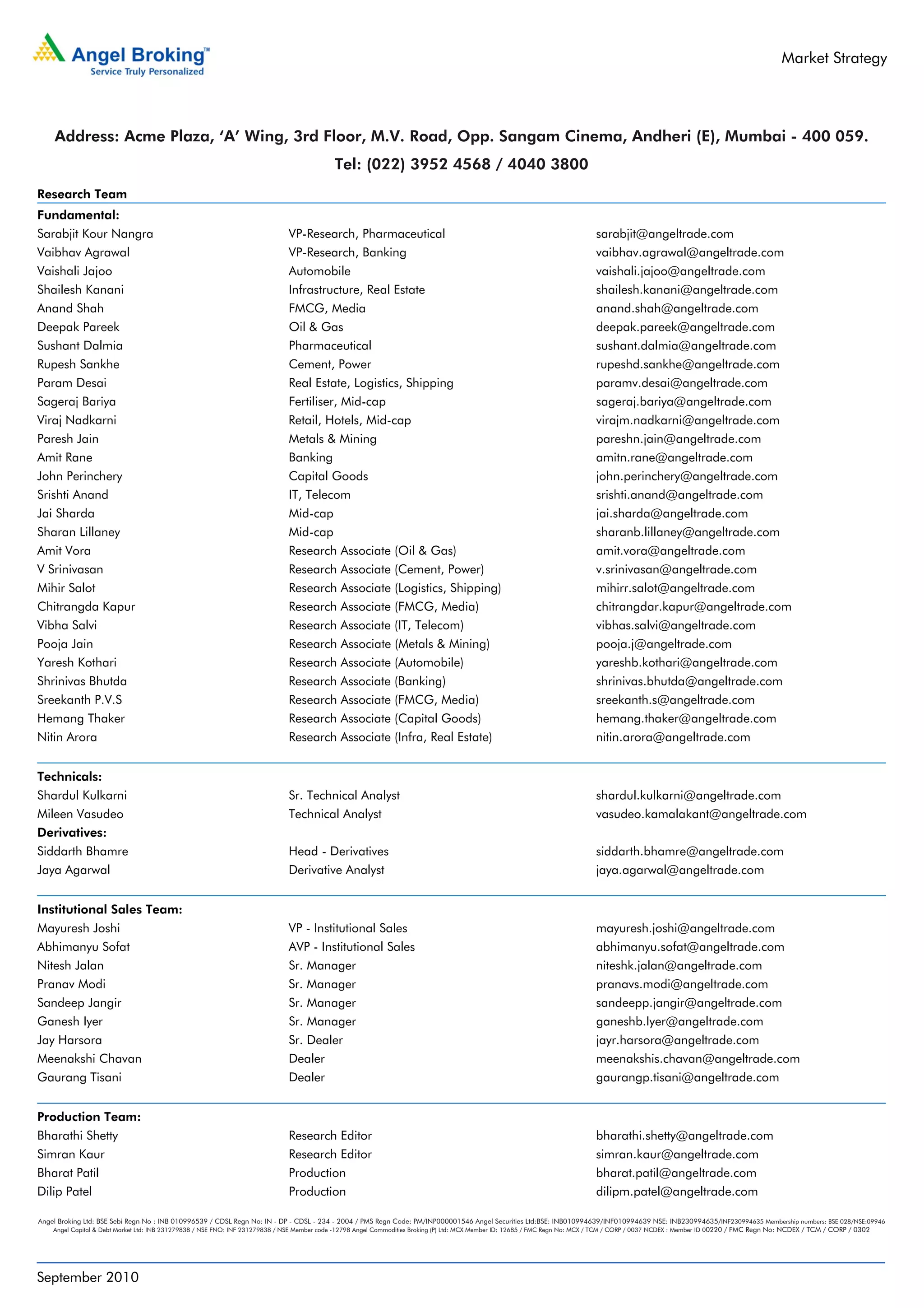 Market Strategy




     Address: Acme Plaza, ‘A’ Wing, 3rd Floor, M.V. Road, Opp. Sangam Cinema, Andheri (E), Mumbai - 400 059.
                                                                                           Tel: (022) 3952 4568 / 4040 3800
Research Team
Fundamental:
Sarabjit Kour Nangra                                                        VP-Research, Pharmaceutical                                                                    sarabjit@angeltrade.com
Vaibhav Agrawal                                                             VP-Research, Banking                                                                           vaibhav.agrawal@angeltrade.com
Vaishali Jajoo                                                              Automobile                                                                                     vaishali.jajoo@angeltrade.com
Shailesh Kanani                                                             Infrastructure, Real Estate                                                                    shailesh.kanani@angeltrade.com
Anand Shah                                                                  FMCG, Media                                                                                    anand.shah@angeltrade.com
Deepak Pareek                                                               Oil & Gas                                                                                      deepak.pareek@angeltrade.com
Sushant Dalmia                                                              Pharmaceutical                                                                                 sushant.dalmia@angeltrade.com
Rupesh Sankhe                                                               Cement, Power                                                                                  rupeshd.sankhe@angeltrade.com
Param Desai                                                                 Real Estate, Logistics, Shipping                                                               paramv.desai@angeltrade.com
Sageraj Bariya                                                              Fertiliser, Mid-cap                                                                            sageraj.bariya@angeltrade.com
Viraj Nadkarni                                                              Retail, Hotels, Mid-cap                                                                        virajm.nadkarni@angeltrade.com
Paresh Jain                                                                 Metals & Mining                                                                                pareshn.jain@angeltrade.com
Amit Rane                                                                   Banking                                                                                        amitn.rane@angeltrade.com
John Perinchery                                                             Capital Goods                                                                                  john.perinchery@angeltrade.com
Srishti Anand                                                               IT, Telecom                                                                                    srishti.anand@angeltrade.com
Jai Sharda                                                                  Mid-cap                                                                                        jai.sharda@angeltrade.com
Sharan Lillaney                                                             Mid-cap                                                                                        sharanb.lillaney@angeltrade.com
Amit Vora                                                                   Research Associate (Oil & Gas)                                                                 amit.vora@angeltrade.com
V Srinivasan                                                                Research Associate (Cement, Power)                                                             v.srinivasan@angeltrade.com
Mihir Salot                                                                 Research Associate (Logistics, Shipping)                                                       mihirr.salot@angeltrade.com
Chitrangda Kapur                                                            Research Associate (FMCG, Media)                                                               chitrangdar.kapur@angeltrade.com
Vibha Salvi                                                                 Research Associate (IT, Telecom)                                                               vibhas.salvi@angeltrade.com
Pooja Jain                                                                  Research Associate (Metals & Mining)                                                           pooja.j@angeltrade.com
Yaresh Kothari                                                              Research Associate (Automobile)                                                                yareshb.kothari@angeltrade.com
Shrinivas Bhutda                                                            Research Associate (Banking)                                                                   shrinivas.bhutda@angeltrade.com
Sreekanth P.V.S                                                             Research Associate (FMCG, Media)                                                               sreekanth.s@angeltrade.com
Hemang Thaker                                                               Research Associate (Capital Goods)                                                             hemang.thaker@angeltrade.com
Nitin Arora                                                                 Research Associate (Infra, Real Estate)                                                        nitin.arora@angeltrade.com


Technicals:
Shardul Kulkarni                                                            Sr. Technical Analyst                                                                          shardul.kulkarni@angeltrade.com
Mileen Vasudeo                                                              Technical Analyst                                                                              vasudeo.kamalakant@angeltrade.com
Derivatives:
Siddarth Bhamre                                                             Head - Derivatives                                                                             siddarth.bhamre@angeltrade.com
Jaya Agarwal                                                                Derivative Analyst                                                                             jaya.agarwal@angeltrade.com


Institutional Sales Team:
Mayuresh Joshi                                                              VP - Institutional Sales                                                                       mayuresh.joshi@angeltrade.com
Abhimanyu Sofat                                                             AVP - Institutional Sales                                                                      abhimanyu.sofat@angeltrade.com
Nitesh Jalan                                                                Sr. Manager                                                                                    niteshk.jalan@angeltrade.com
Pranav Modi                                                                 Sr. Manager                                                                                    pranavs.modi@angeltrade.com
Sandeep Jangir                                                              Sr. Manager                                                                                    sandeepp.jangir@angeltrade.com
Ganesh Iyer                                                                 Sr. Manager                                                                                    ganeshb.Iyer@angeltrade.com
Jay Harsora                                                                 Sr. Dealer                                                                                     jayr.harsora@angeltrade.com
Meenakshi Chavan                                                            Dealer                                                                                         meenakshis.chavan@angeltrade.com
Gaurang Tisani                                                              Dealer                                                                                         gaurangp.tisani@angeltrade.com


Production Team:
Bharathi Shetty                                                             Research Editor                                                                                bharathi.shetty@angeltrade.com
Simran Kaur                                                                 Research Editor                                                                                simran.kaur@angeltrade.com
Bharat Patil                                                                Production                                                                                     bharat.patil@angeltrade.com
Dilip Patel                                                                 Production                                                                                     dilipm.patel@angeltrade.com

Angel Broking Ltd: BSE Sebi Regn No : INB 010996539 / CDSL Regn No: IN - DP - CDSL - 234 - 2004 / PMS Regn Code: PM/INP000001546 Angel Securities Ltd:BSE: INB010994639/INF010994639 NSE: INB230994635/INF230994635 Membership numbers: BSE 028/NSE:09946
    Angel Capital & Debt Market Ltd: INB 231279838 / NSE FNO: INF 231279838 / NSE Member code -12798 Angel Commodities Broking (P) Ltd: MCX Member ID: 12685 / FMC Regn No: MCX / TCM / CORP / 0037 NCDEX : Member ID 00220 / FMC Regn No: NCDEX / TCM / CORP / 0302




September 2010
 