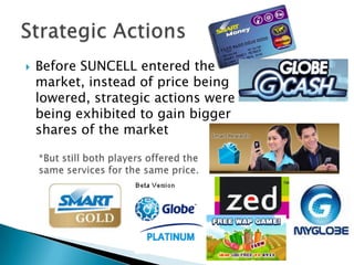 Strategic ActionsBefore SUNCELL entered the market, instead of price being lowered, strategic actions were being exhibited to gain bigger shares of the market*But still both players offered the same services for the same price.