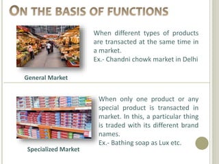 General Market
Specialized Market
When different types of products
are transacted at the same time in
a market.
Ex.- Chandni chowk market in Delhi
When only one product or any
special product is transacted in
market. In this, a particular thing
is traded with its different brand
names.
Ex.- Bathing soap as Lux etc.
 