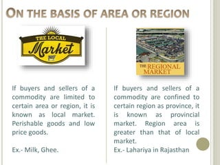 If buyers and sellers of a
commodity are limited to
certain area or region, it is
known as local market.
Perishable goods and low
price goods.
Ex.- Milk, Ghee.
If buyers and sellers of a
commodity are confined to
certain region as province, it
is known as provincial
market. Region area is
greater than that of local
market.
Ex.- Lahariya in Rajasthan
 