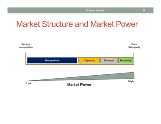 Market Structure and Market Power
9
Perfect
competition
Pure
Monopoly
Market Power
MonopolyDuopolyOligopolyMonopolistic
Low
High
Prabesh Ghimire
 